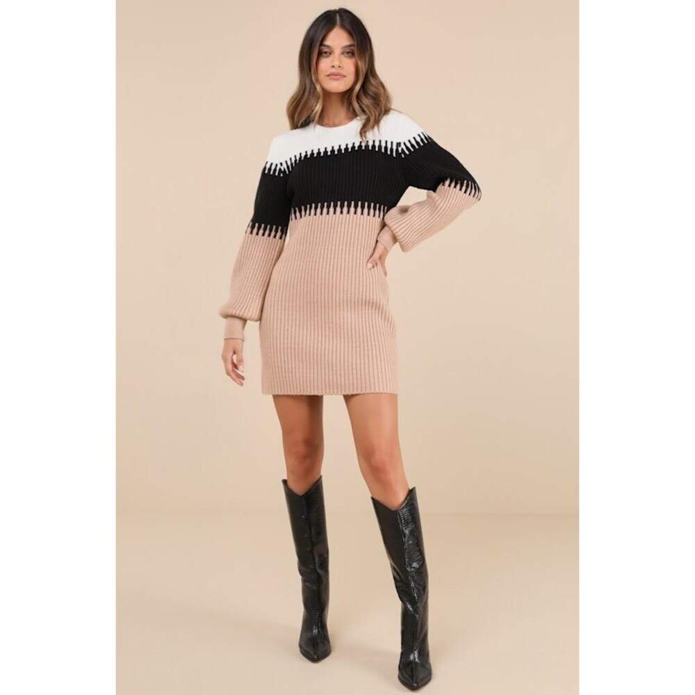 Lulu's Colorblock Ribbed Knit Mini Dress in Cream, Black & White